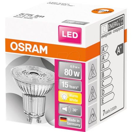 Osram Star PAR16 üveg ház/6,9W/575lm/2700K/GU10/230V/36fok/83lm/W LED spot izzó Osram Star PAR16 üveg ház/6,9W/575lm/2700K/GU10/230V/36fok/83lm/W LED spot izzó