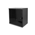   DIGITUS 19" 595x540x400 12U lapraszerelt üvegajtós fekete fali rack szekrény
