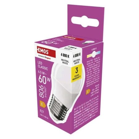 Emos ZQ6E43 Classic Mini Globe E27/6,5 W(60 W)/806 lm /természetes fehér LED izzó Emos ZQ6E43 Classic Mini Globe E27/6,5 W(60 W)/806 lm /természetes fehér LED izzó