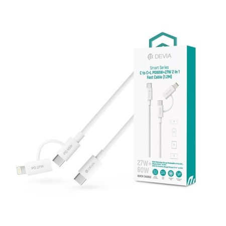 Devia ST121485 Smart Series 1,2m 60W+27W PD Type-C/Type-C+Lightning fehér adat és töltőkábel