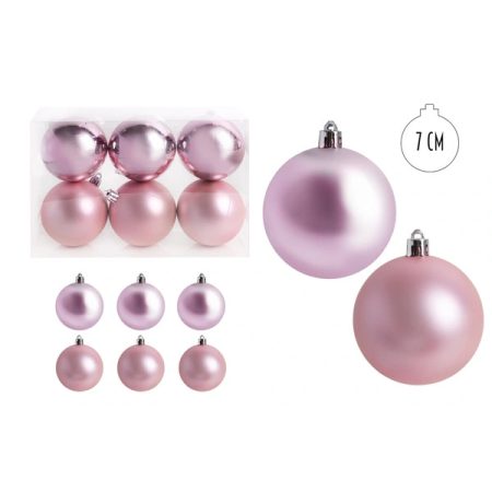 IRIS karácsonyi dísz  gömb, szettben, pvc dobozban, 6dbos, rózsaszín 7 cm