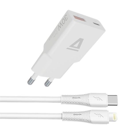AVAX CH6414 30W GaN töltő és USB-C–Lightning szilikon kábel, fehér