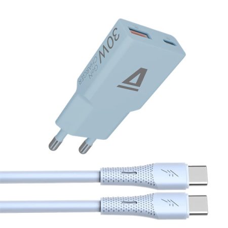 AVAX CH6415 30W GaN töltő és 60W USB-C szilikon kábel csomag, világoskék