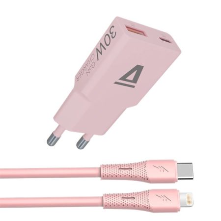 AVAX CH6418 30W GaN töltő és USB-C–Lightning szilikon kábel, rózsaszín
